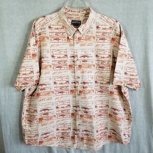 Vintage Woolrich Men's XL Shirt Short Sleeve‎ Tan Rust Fish Lures Button Down